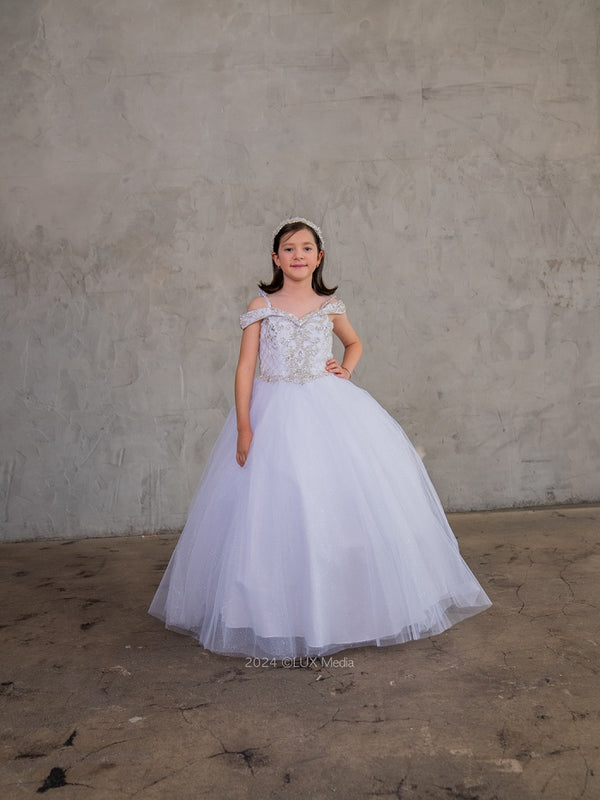 Girls Embroidered Heart Bodice Off Shoulder Communion Dress 3-16